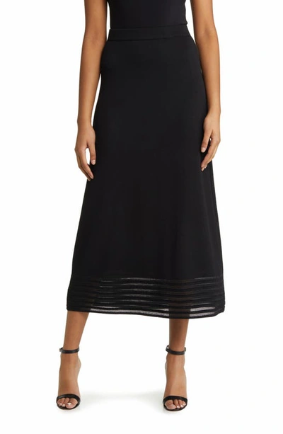 Ming Wang Striped Burnout Hem Midi Skirt In Black