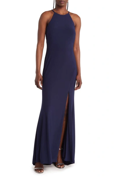 Jump Apparel Halter Neck Gown In Navy