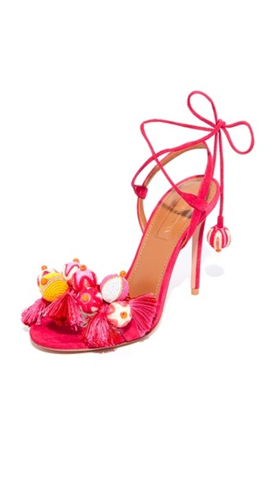 Aquazzura Tropicana Tasseled Beaded Suede Sandals In Pink