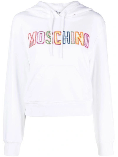 Moschino Embroidered-logo Cropped Hoodie In White