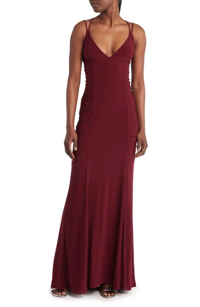 Jump Apparel Ruched Lace-up Jersey Column Gown In Wine