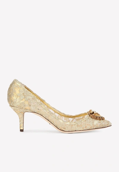 Dolce & Gabbana Bellucci 60 Lurex Lace Pumps With Brooch Detail In Gold