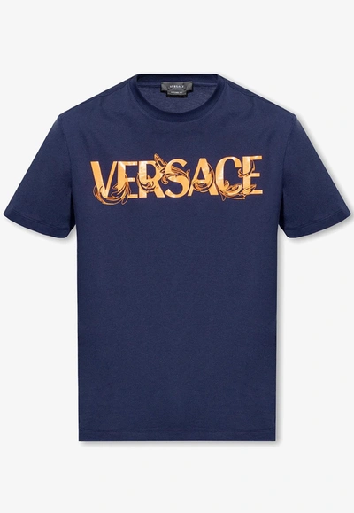 Versace Barocco Embroidered Logo T-shirt In Navy