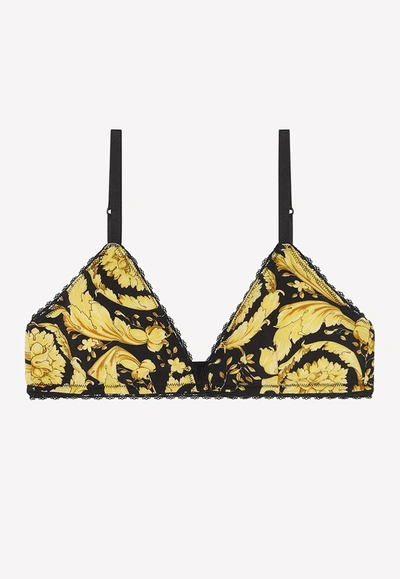 Versace Barocco Print Lace-trimmed Bra In Yellow