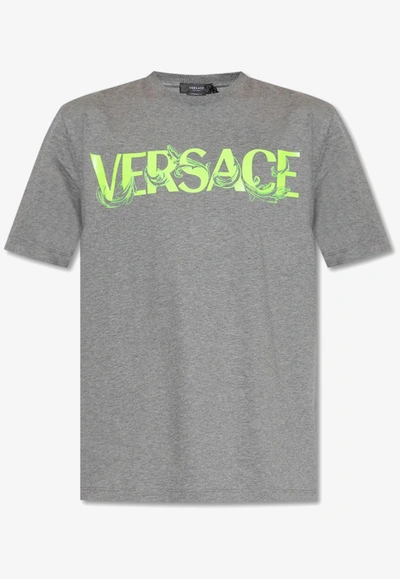 Versace Barocco Embroidered Logo T-shirt In Gray