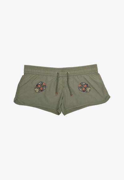Les Canebiers Byblos All-over Mexican Head Swim Shorts In Khaki In Green