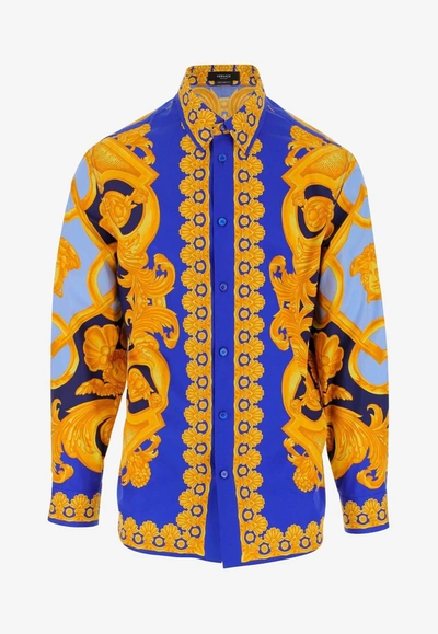 Versace Heritage Print Cotton Poplin Shirt In Blue