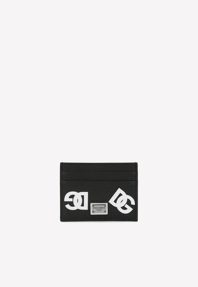 Dolce & Gabbana Calfskin Cardholder With All-over Dg Print In Black
