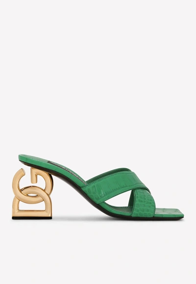 Dolce & Gabbana 75 Croc Embossed Leather Mules In Green