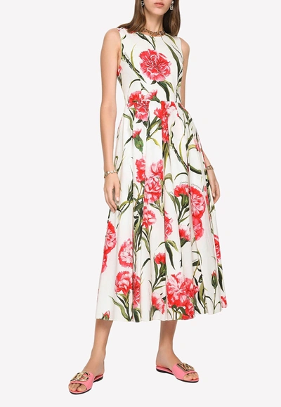 Dolce & Gabbana Carnation Print Sleeveless Cotton Fit & Flare Dress In White,multicolor