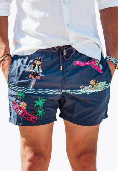 Les Canebiers All-over Saint-barth Embroidered Swim Shorts In Blue