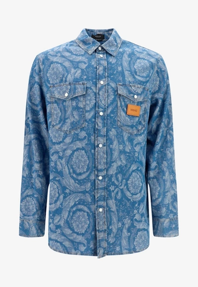 Versace Barocco Silhouette Denim Shirt In Blue