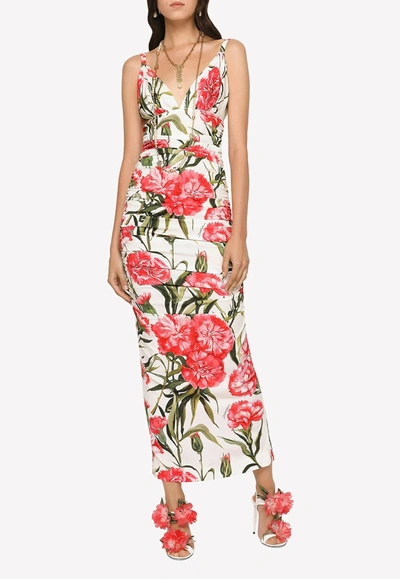 Dolce & Gabbana Carnation Print Charmeuse Midi Dress In Multicolor