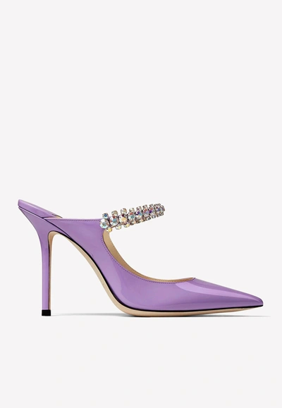Jimmy Choo Bing 100 Patent Leather Mules With Crystal Strap In Purple
