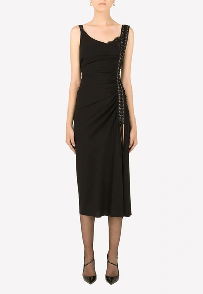 Dolce & Gabbana Asymmetric Stretch Sable Midi Ruched Dress In Black