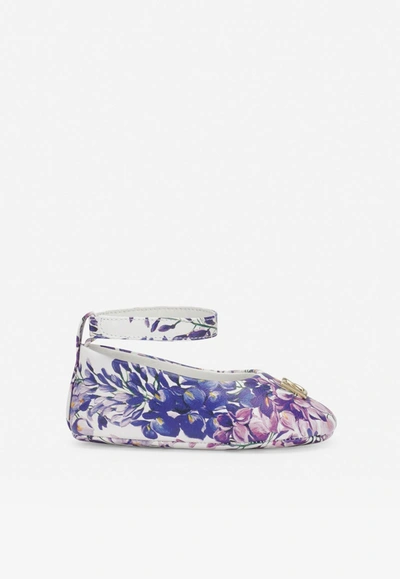 Dolce & Gabbana Baby Girls Wisteria Print Ballet Flats In Nappa Leather In Lavender