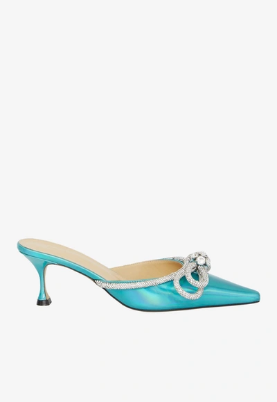 Mach & Mach 65mm Double Bow Iridescent Leather Mules In Blue