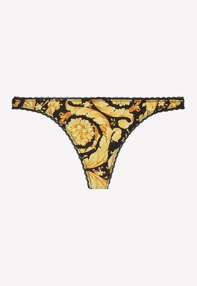 Versace Barocco-print Thong Briefs In Yellow