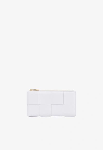 Bottega Veneta Bi-fold Intrecciato Leather Zip Wallet In White