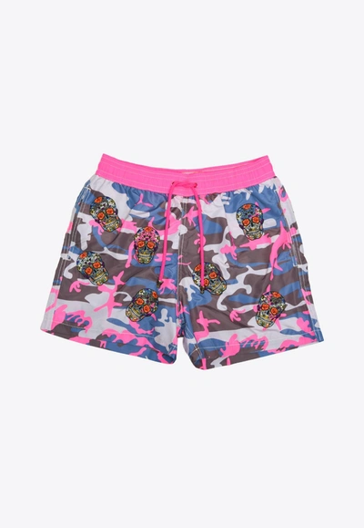 Les Canebiers All-over Mexican Head Swim Shorts In Camo Rose In Multicolor