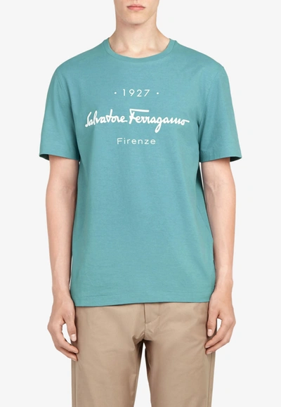 Ferragamo Blue '1927' Signature T-shirt In Light Blue