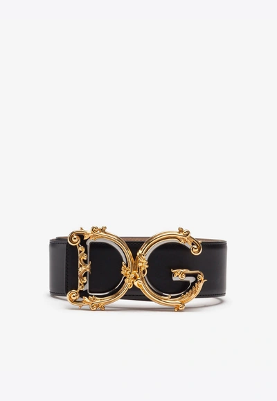 Dolce & Gabbana Calfskin Belt With Baroque Dg Logo 50 Mm In Black