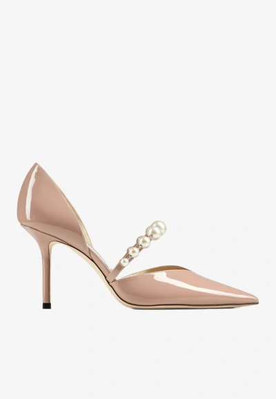 JIMMY CHOO AURELIE 85 PEARL EMBELLISHED PUMPS IN PATENT LEATHER,AURELIE 85 XKM BALLET PINK/WHITE