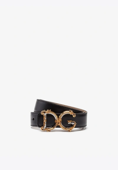 Dolce & Gabbana Calfskin Belt With Baroque Dg Logo 25 Mm In Black