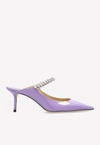 JIMMY CHOO BING 65 PATENT LEATHER MULES WITH CRYSTAL STRAP,BING 65 PAT WISTERIA/AURORA
