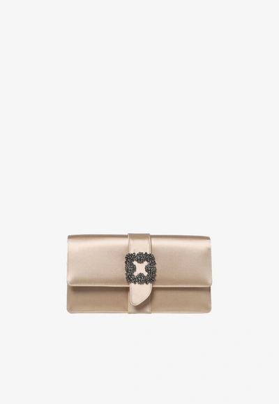 Manolo Blahnik Capri Satin Clutch With Fmc Crystal Buckle In Champagne