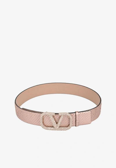 Valentino Garavani Crusted Vlogo Snakeskin Belt In Pink