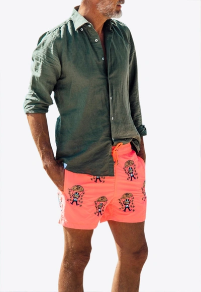 Les Canebiers All-over Golden Embroidered Swim Shorts In Orange