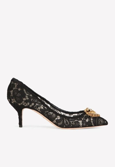 Dolce & Gabbana Devotion Heart Detail Taormina Lace Decollete In Black