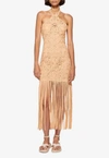 Simkhai Alisa Yarn Cutout Embroidered Fringe Midi Dress In Beige