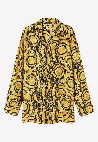 Versace Barocco Pajama Shirt In Silk In Yellow