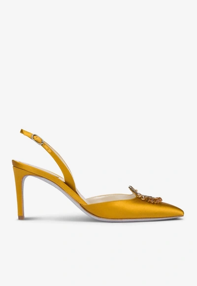 René Caovilla Chantel 75 Slingback Satin Pumps With Crystal Buckle In Mustard