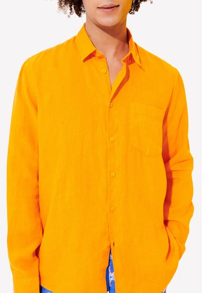 Vilebrequin Caroubis Long-sleeved Linen Shirt In Orange