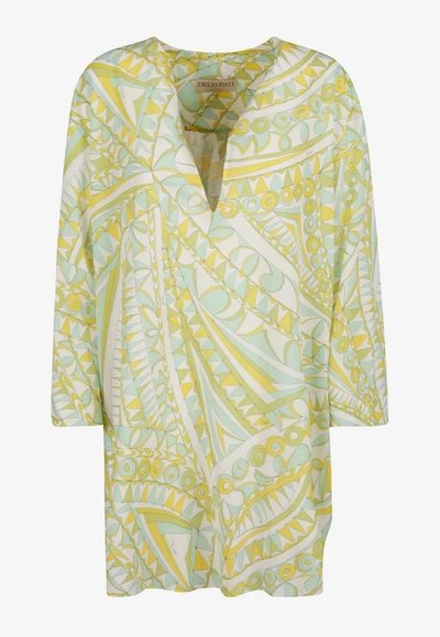 Emilio Pucci Bandierine Print Silk Mini Kaftan Dress In Green