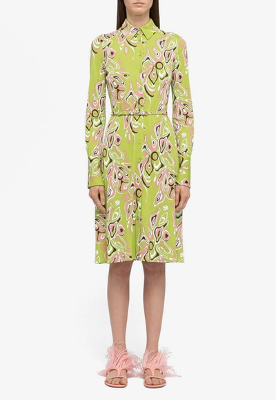 Emilio Pucci Africana Print Belted Shirt Dress In Green