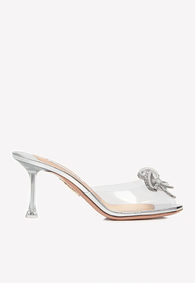 Aquazzura Carrie 75 Crystal Bow Mules In Silver