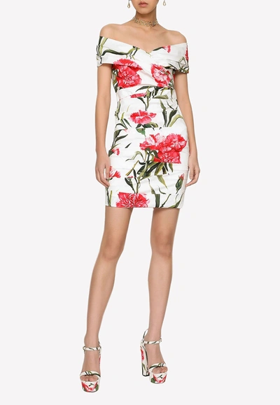 Dolce & Gabbana Carnation Print Draped Mini Dress In Multicolor