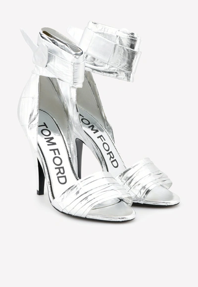 Tom Ford 105 Laminated Eel Wraparound Sandals In Silver