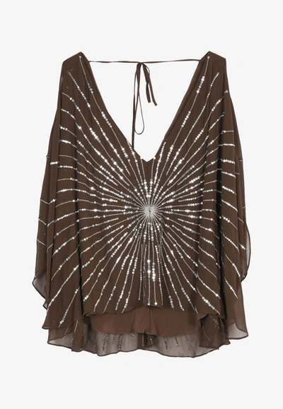 Bcbg Max Azria Cold-shoulder Sequined Silk Top In Brown