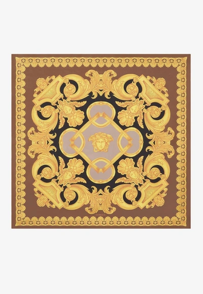 Versace Baroque Pattern-print Silk Scarf In Brown