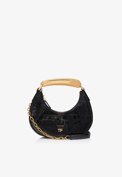 Tom Ford Bianca Mini Hobo Bag In Croc-embossed Leather In Black