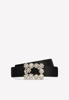 Roger Vivier Floral Crystal Buckle Belt In Satin In Black