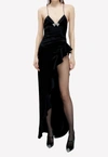 Alessandra Rich Asymmetric Ruffled Silk Gown With Crystal Embellishment In Black