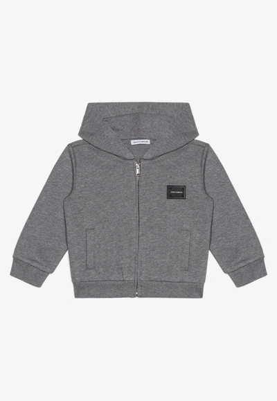 Dolce & Gabbana Babies' Logo Zip-up Cotton Sweatshirt Hoodie In Grey