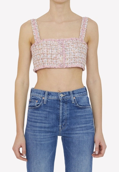 Self-portrait Boucle-weave Button-embellished Woven Top In Pink