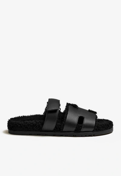 Hermes Chypre Sandals In Calfskin And Shearling In Black
